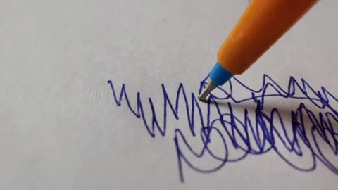 Orange Ballpoint Pen Drawing Blue Ink Line on Plain White Paper Sheet Stock Footage 339366038