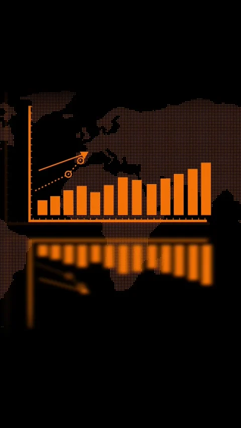 Orange Bar Graph with Upward Trend Arrow Over Dotted World Map Background c.. Stock Footage 337459219