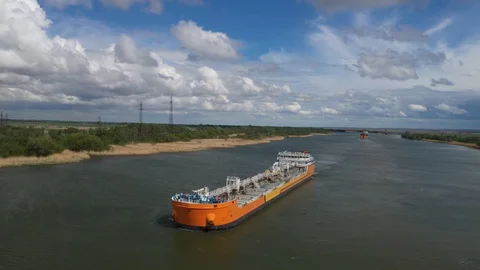 Orange barge on the river, aerial view. Side and deck from above. Stock-Footage 130146063