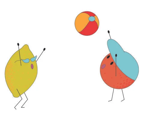 An orange in a baseball cap and a lemon in sunglasses are playing ball. Vecto Stock Illustration