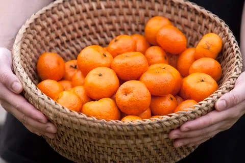 Orange in basket Stock Photos