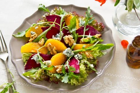 Orange with Beetroot and Blue cheese salad Stock Photos
