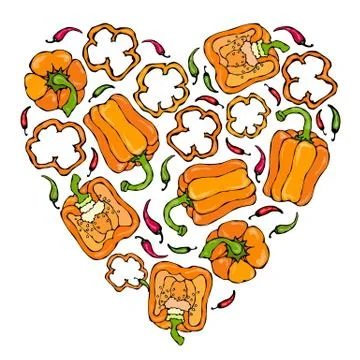 Orange Bell Peper Heart Shape Wreath. Half of Sweet Paprika and Rings of Pepper Stock Illustration
