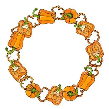 Orange Bell Peper Set. Half of Sweet Paprika and Rings of Pepper Cuts. Fresh  Stock Illustration