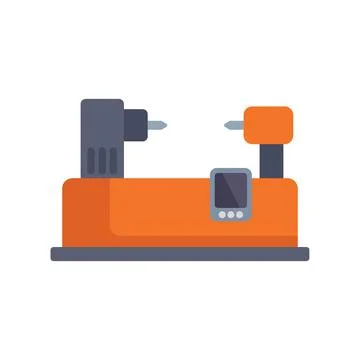 Orange benchtop lathe machine turning metal part Stock Illustration