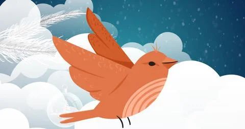Orange bird gliding through cloud shapes in teal-blue sky, with glass ornament Stockfoto's