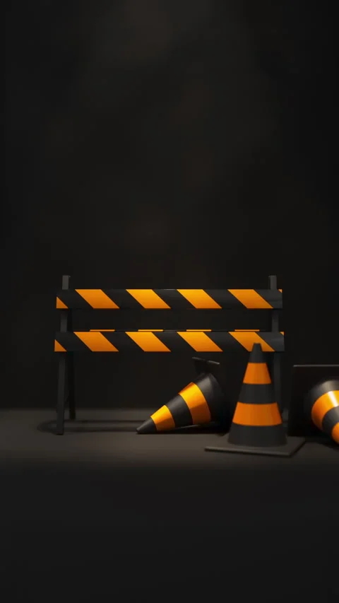 Orange black Traffic cones and barrier under flashing light on black background Stock Footage 312110620