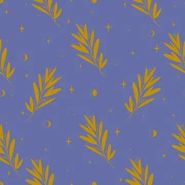 Orange blue leaf seamless doodle pattern. Random placed vector plants and s.. Illustrazione stock