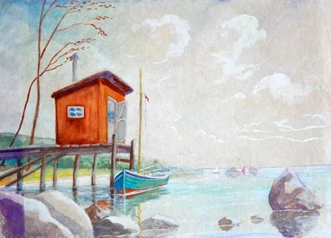 Orange boat shed in a low tide. Stock Illustration