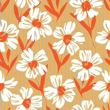 Orange Botanical Floral Seamless Pattern with striped Background Stock Illustration