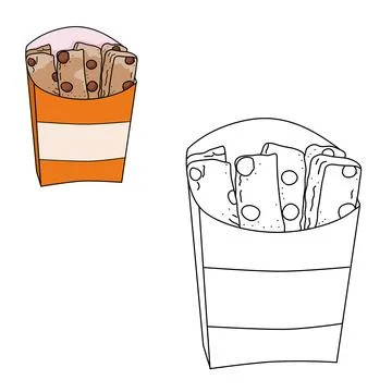 Orange box of fried biscuits chips coloring book. homemade pastry snack Stock Illustration