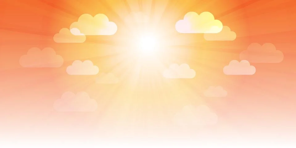 Orange Bright Sun Rays with Clouds, Multi Purpose Shiny Sunny Sky Design, I.. Stock Illustration