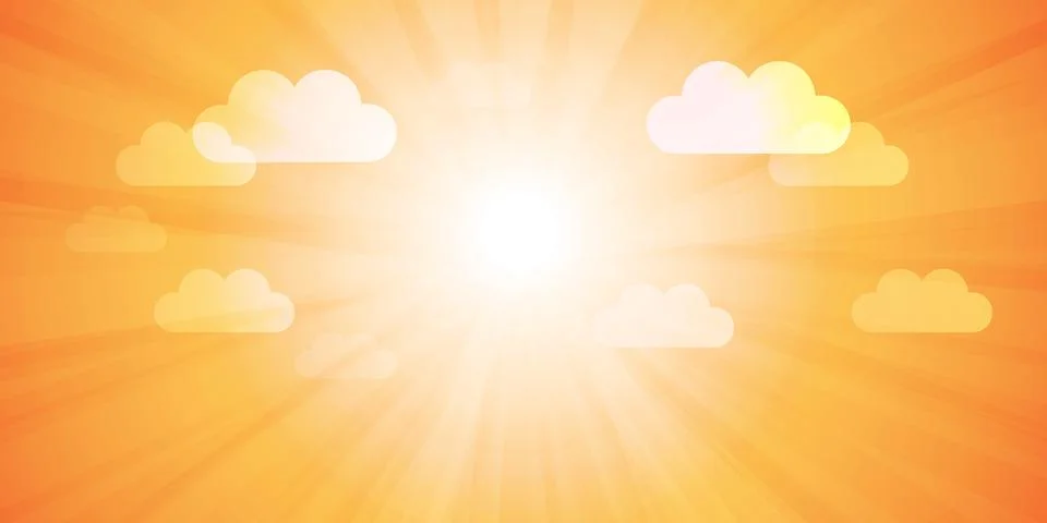 Orange Bright Sun Rays with Clouds, Multi Purpose Sunny Sky Design, Illustr.. Stock Illustration
