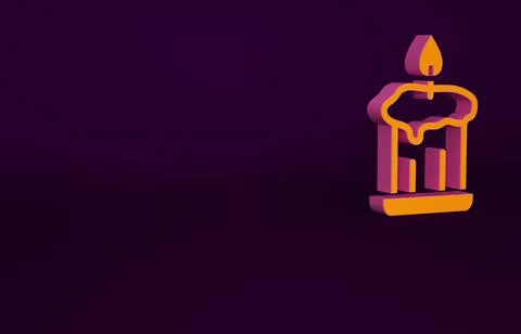 Orange Burning candle in candlestick icon isolated on purple background. Old Stock Illustration