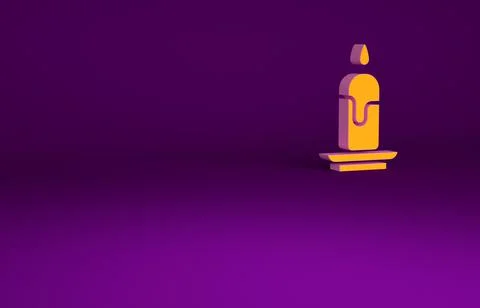 Orange Burning candle icon isolated on purple background. Cylindrical candle  스톡 일러스트