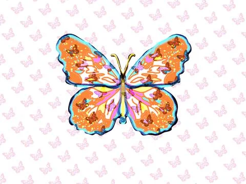 Orange butterfly on pattern of s mall butterflies. Girlish print イラスト素材
