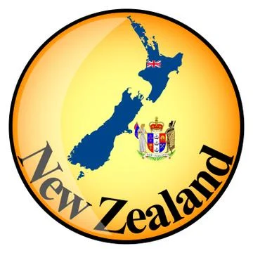 Orange button with the image maps of New Zealand Stock Illustration