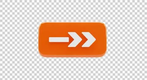 Orange button with three white arrows pointing to the right isolated on tra.. Stock Photos