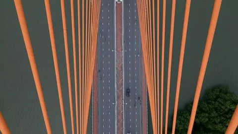 Orange cable-stayed bridge spans river with bustling roadway beneath Video stock 309739412