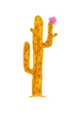An orange cactus with several branches and a pink flower on a white background Stock Illustration