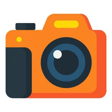Orange camera icon with a blue lens and yellow details, symbolizing photography Ilustración de archivo