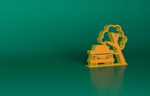 Orange Car damaged by fallen tree icon isolated on green background. Auto Stock Illustration
