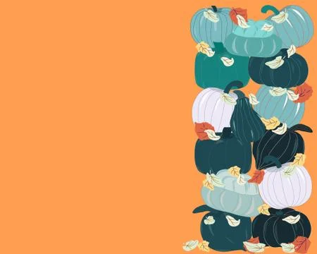 Orange card template with vertical border teal pumpkins and autumn leaves Stock Illustration