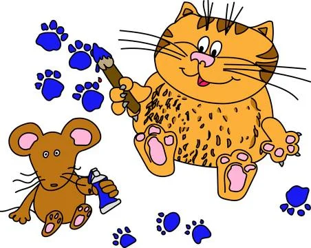 Orange cat and brown mouse on a white background Stock Illustration