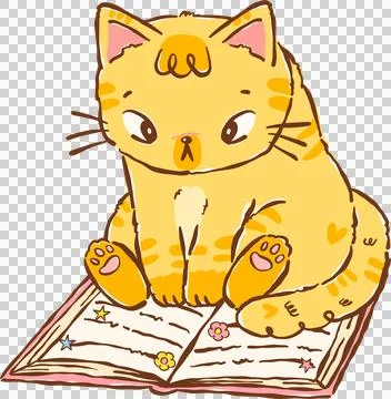 Orange Cat Bookish Sitting and Reading Book Hand drawn Illustration Stock Illustration