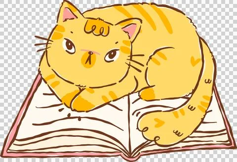Orange Cat Bookish Sitting on Open Book Hand drawn Illustration Stock Illustration