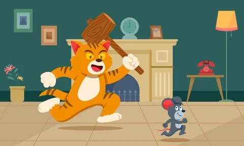 Orange Cat Chasing Mouse Stock Illustration