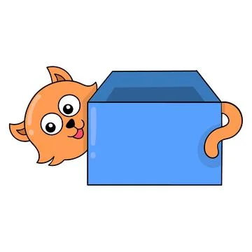 The orange cat is hiding behind the box, doodle icon image kawaii Stock Illustration