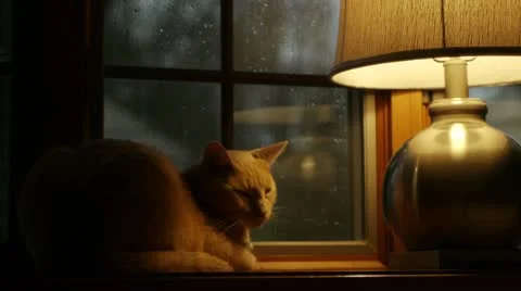 Orange Cat by Lamp in Window Stock-Footage 12422414