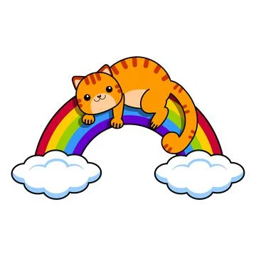 The orange cat lies on the rainbow. Vector illustration. Stock Illustration