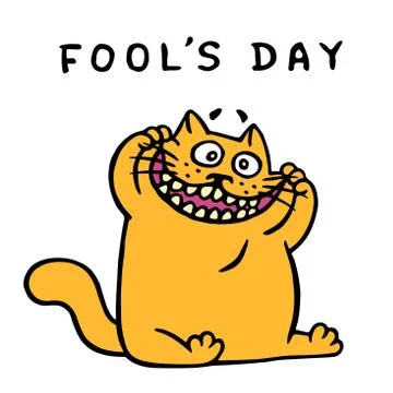 Orange cat makes a funny face. April holiday. Vector Illustration. Stock Illustration