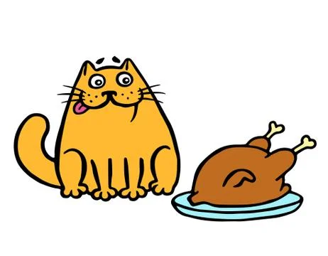 Orange cat sitting on the table and looking at the fried chicken. Vector illu Stock Illustration