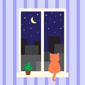 Orange cat sitting on the window and looking at night city. Cozy home illustrati Stock Illustration
