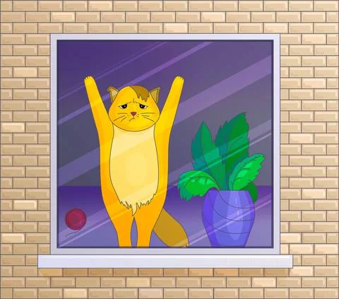 Orange cat standing by window waiting. Pet looking out window Stock Illustration