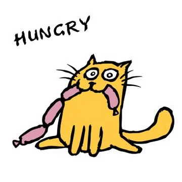 Orange cat Tik eats sausages. Vector illustration. Illustrazione stock