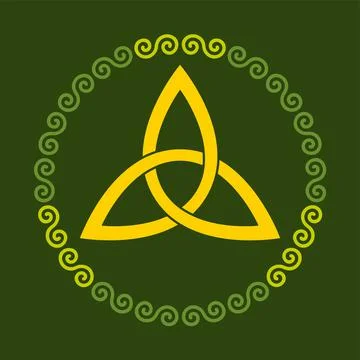 Orange Celtic triangle knot in double spiral circle frame over green Stock Illustration