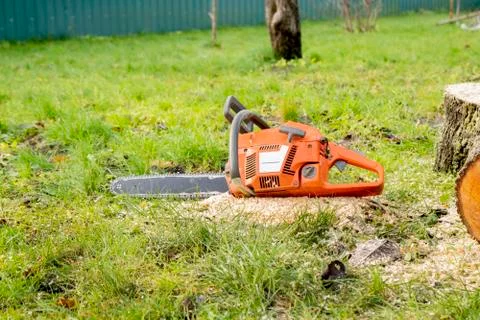 Orange chainsaw lying on the grass Foto stock