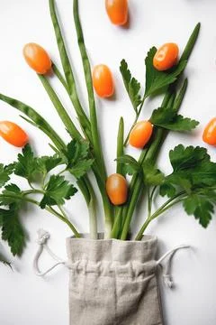 Orange cherry tomatoes flat lay with parsley greens in a cloth bag on a whi.. Stock Photos