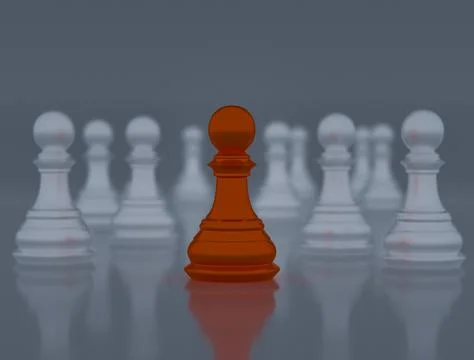 An orange chess piece standing in the middle of another white chess piece, 3d Illustrazione stock