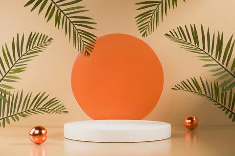Orange circle background with palm leaves and podium. Stock Illustration