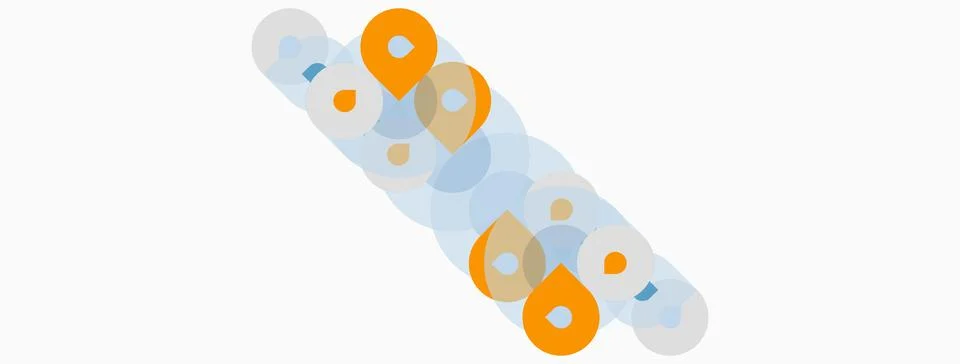 Orange circles overlap light blue shapes. Minimalist design, simple geometry, Stock Illustration