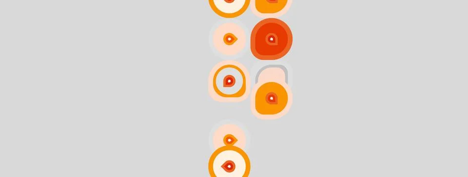 Orange circles varying sizes float against gray backdrop. Minimalist design, Stock Illustration