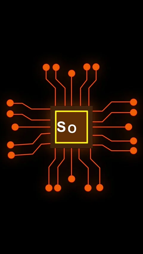 An orange circuit board processor with radiating lines and dots and a glowi.. Stock Footage 337462831