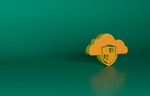Orange Cloud and shield icon isolated on green background. Cloud storage data Illustrazione stock