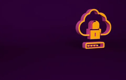 Orange Cloud computing lock icon isolated on purple background. Security, saf Illustrazione stock