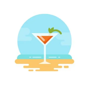 Orange cocktail with mint on the beach flat icon Stock Illustration